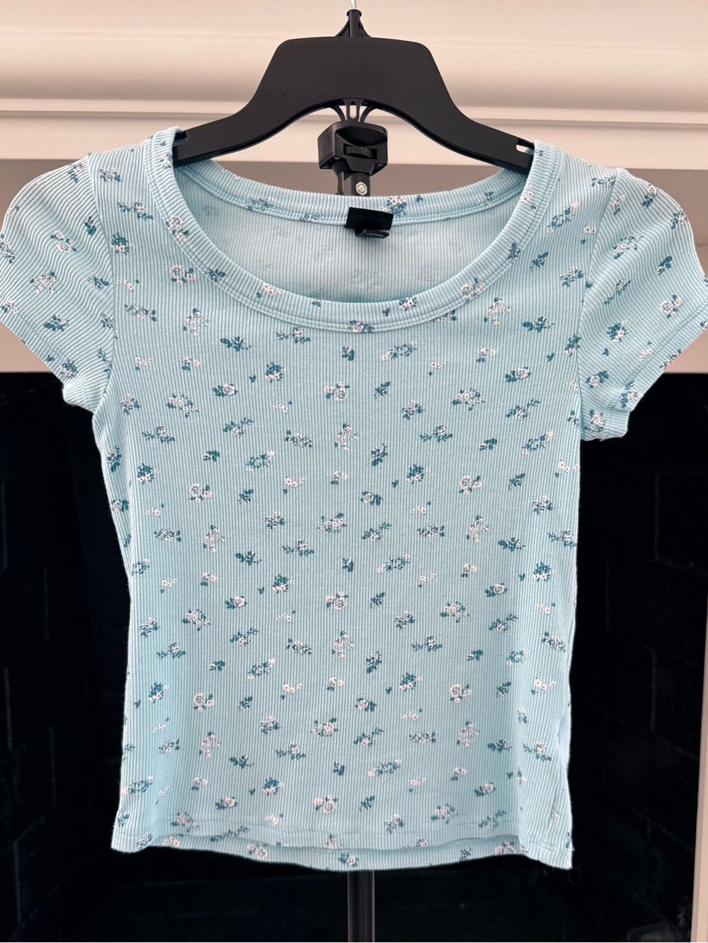 art class Light Blue Floral Ribbed Short Sleeve Top- Girls 10/12
